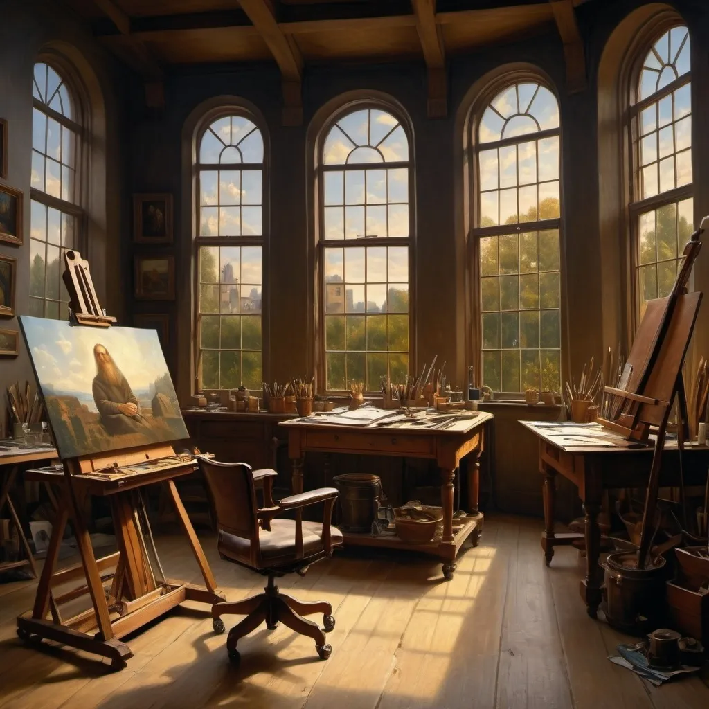 Prompt: (detailed scene of an artist's studio), (oil painting on cotton canvas), towering windows, Leonardo da Vinci painting, subject Stephen Hawking, (soft lighting), warm and inviting ambiance, deep rich colors, intricate artistic tools scattered about, emphasizing wisdom and timelessness, rich textures, HD representation, artistic atmosphere, inspiring creativity, --ar 4:3 --s 150.