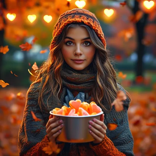 Prompt: photorealistic, (high resolution), picture of a 21-year-old woman in a  Halloween costume, holding candy bucket, vibrant autumn evening, warm golden lights glowing, (heartwarming ambiance), cozily dressed in colorful outfit, falling leaves scattered around, beautiful expression of excitement and wonder, softly lit neighborhood background, (cutest trick-or-treating moment).