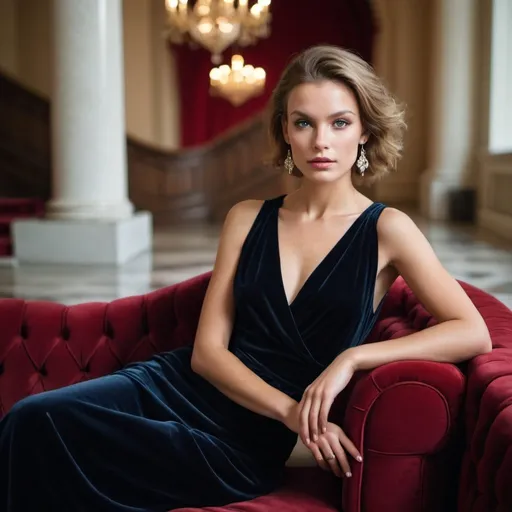 Prompt: A personal portrait of a fashion model sitting on a velvet couch, with a blurred backdrop of a grand staircase. Use a Hasselblad camera with a 100mm lens at F 1.2 aperture setting and dreamlike lighting to capture the subject’s beauty and elegance.