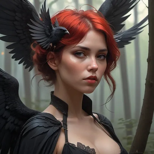 Prompt: a beautiful cinematic female seraphim, deep cleavage, black wings slightly burnt, fantasy forest landscape, fantasy magic, undercut hairstyle, short red black fade hair, dark light night, intricate, elegant, sharp focus, illustration, highly detailed, digital painting, concept art, matte, art by WLOP and Artgerm and Greg Rutkowski and Alphonse Mucha, masterpiece