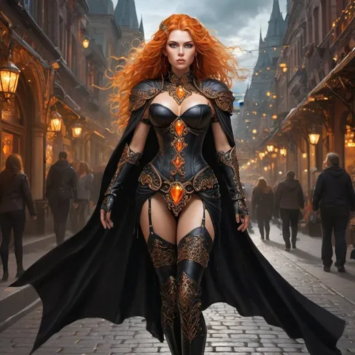 Prompt:  a mid range full body image of a woman in the bustling city center wearing black leather armor with intricate ornate metal details studded with orange gems and a golden circlet with a large gem on her head, long black billowing cape curvy, powerful, braided flowing ginger hair, Aramenta Dianthe Vail, fantasy art, epic fantasy, computer graphics, high heels, corset, long loincloth with intricate details, stockings, feminine face, magically glowing eyes, magical, tanned skin, night time