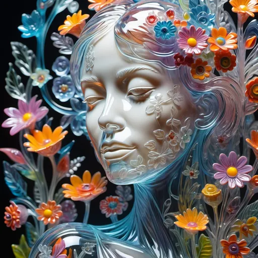 Prompt: A detailed and vibrant transparent glass sculpture of a woman with flowers, intricate details, surreal, colorful background