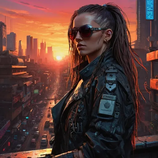 Prompt: molly millions, portrait of a badass cyberpunk mercenary, sunglasses, shoulder long hair, claws, cyberpunk, street samurai, sunset, neuromancer, cyberpunk city background, megacity, gorgeous view, depth, high detail, digital art, promotional art, movie poster, chiaroscuro painted by greg rutkowski, painted by igor kieryluk, trending on artstation