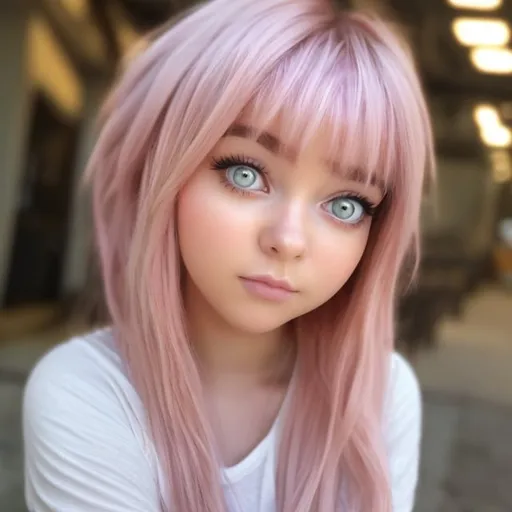 Prompt: anime girl with  short, light faded  pink hair and brown eyes
