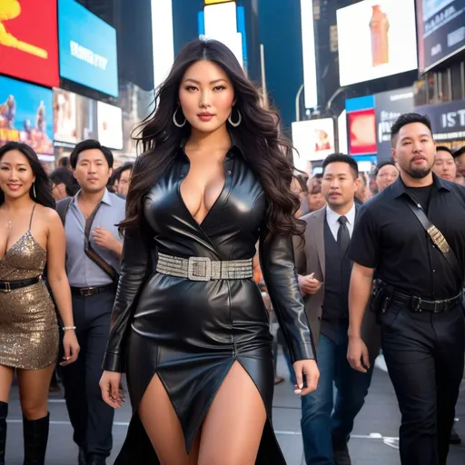 Prompt: Tall, curvy Japanese model with long, thick wavy black hair, vibrant brown eyes, detailed diamond face, bosomy physique, hourglass figure, wearing a belted bright leather asymmetrical shirt-dress and black leather boots, standing, Times Square New York, crowded bustling scene, multi-cultural crows, high-res, photo, fashion, glamorous, detailed, modern, vibrant, sleek design, daylight, beautiful, perfect hands
