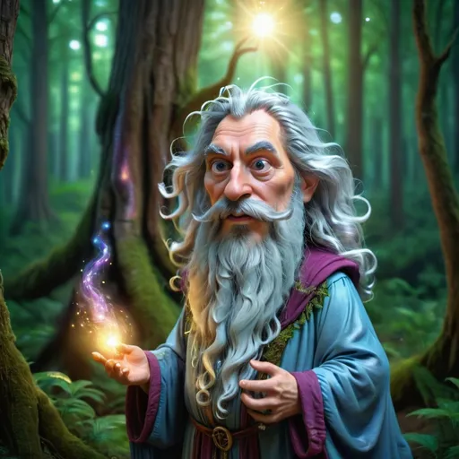 Prompt: Ethereal wizard in a mystical forest, soft focus, high quality, ethereal, fantasy, magical, detailed robe, mystical atmosphere, flowing beard, enchanting, surreal lighting