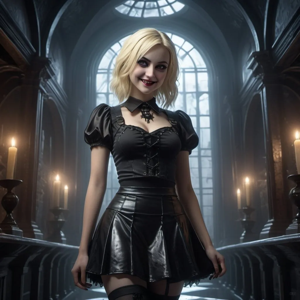 Prompt: Highly detailed goth blonde in a surreal setting, she has a smirking smile, detailed facial features, short skirt, surreal, highres, detailed face, goth, blonde, atmospheric lighting, surreal setting