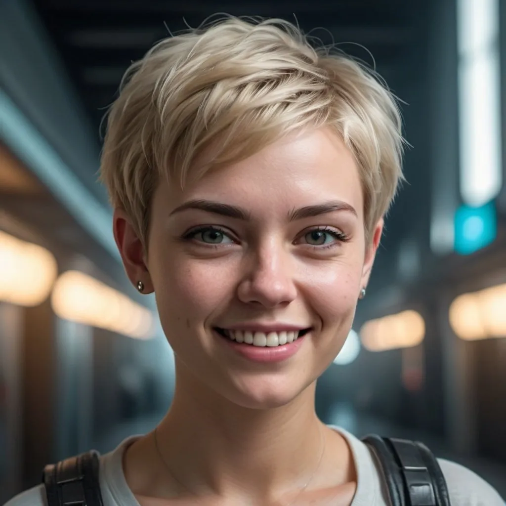 Prompt: Young space blond woman with a short pixie hair style, in t-shirt and jeans, smirking facial expression looking off camera with one side of her smile upturned, beautiful deep dimpled cheeks, pearly white teeth, raw photo, photorealistic, high detail, dramatic, UHD, HDR raw photo, realistic, sharp focus, 8K high definition, insanely detailed, intricate, high quality, cyberpunk, dramatic lighting, futuristic setting, urban environment, cool tones