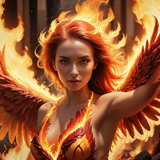 Prompt: Beautiful woman as a fierce phoenix rising from the ashes, resilient flames, close-up, dynamic lighting, vibrant, photorealistic art, 16:9, highres, ultra-detailed, dynamic, fiery colors, intense lighting, digital painting, phoenix, vibrant flames, dramatic composition, detailed feathers, professional photography, dynamic lighting