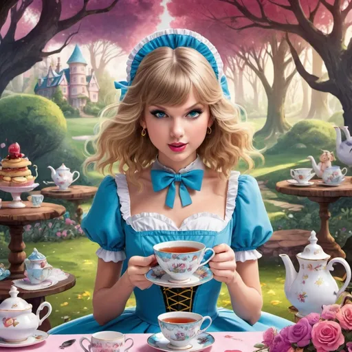 Prompt: 2D anime illustration of Taylor Swift portraying Little Alice in Wonderland, holding a tea cup, whimsical tea party background, detailed characters, vibrant colors, storybook style, cute, fantasy, tea party, detailed hair, adorable design, whimsical, professional, storybook lighting, vibrant colors