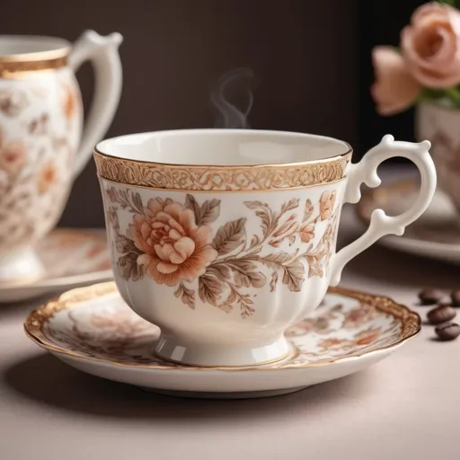 Prompt: Beautiful, elegant, intricate porcelain coffee cup, delicate floral patterns, high quality, detailed, realistic, vintage, warm tones, soft lighting, 16:9 aspect ratio, vintage porcelain, delicate design, elegant, intricate floral patterns, realistic details, highres, ultra-detailed, vintage style, warm hues, soft lighting