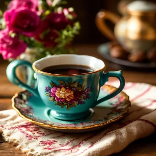 Prompt: beautifully colored coffee cup containing steaming hot coffee medium light. Cup is sitting on an old country kitchen table in a brightly lit country kitcchen with morning light shining in. Photorealistic, country kitchen, beautifully ornate colored coffee cup. beautifully deccorated whole cake sitting in background.






