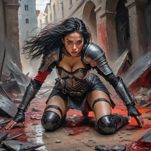 Prompt: 4k, high resolution, oil painting, knight period, artistic, fantasy, destruction, bright colors, red gray and black colors, a warrior woman, she is crawling on the floor with suffer efforts to survive, sword on the ground, black hair, wounds on face, short black skirt with belt, black combat corset, shields on both shoulders, action, dynamic, low angle sho, show legs, emotional face