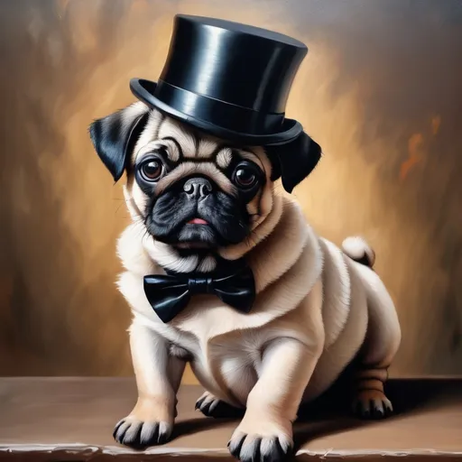 Prompt: Pug puppy wearing a fancy black top hat, detailed fur with cute wrinkles, adorable and curious expression, oil painting, high quality, realistic, cute, luxurious, warm lighting, detailed wrinkles, top hat, puppy eyes, charming, professional
