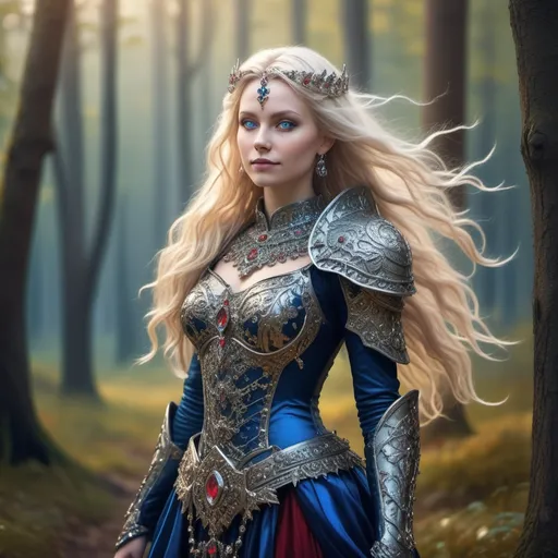 Prompt: detailed full body portrait of a smiling beautiful blond nordic gothic goddess, deep blue eyes, full body jewel encrusted armour ornately decorated, hazy magical forest in background, stars in the sky, sharp focus on face, small details high image detail 120k, fine detailed drawing, professional photoshoot, professional photographer, HDR, UltraHD, highly detailed, intricate details, pixel study, 3D, detail, photorealism, majestic, stunning, elegant, brilliant, sumptuous, unique, something new, magnificent, fantasy, lovely, epic, with glowing jewellery, long hair blowing in the wind, wind rainbow coloured hair, wearing jewel encrusted silk armour, silver, gold, deep blue, deep red, deep rainbow colours.
