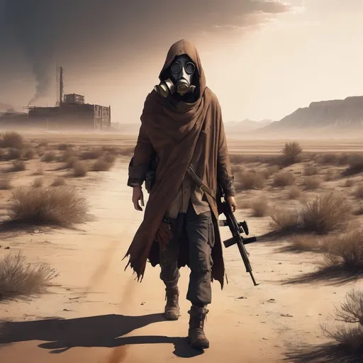 Prompt: Lone wanderer with rifle, desert, tattered cloak, gas mask, resilient, post-apocalyptic, 4k, detailed, intense lighting, warm earthy tones, desolate landscape, detailed textures, professional, gritty