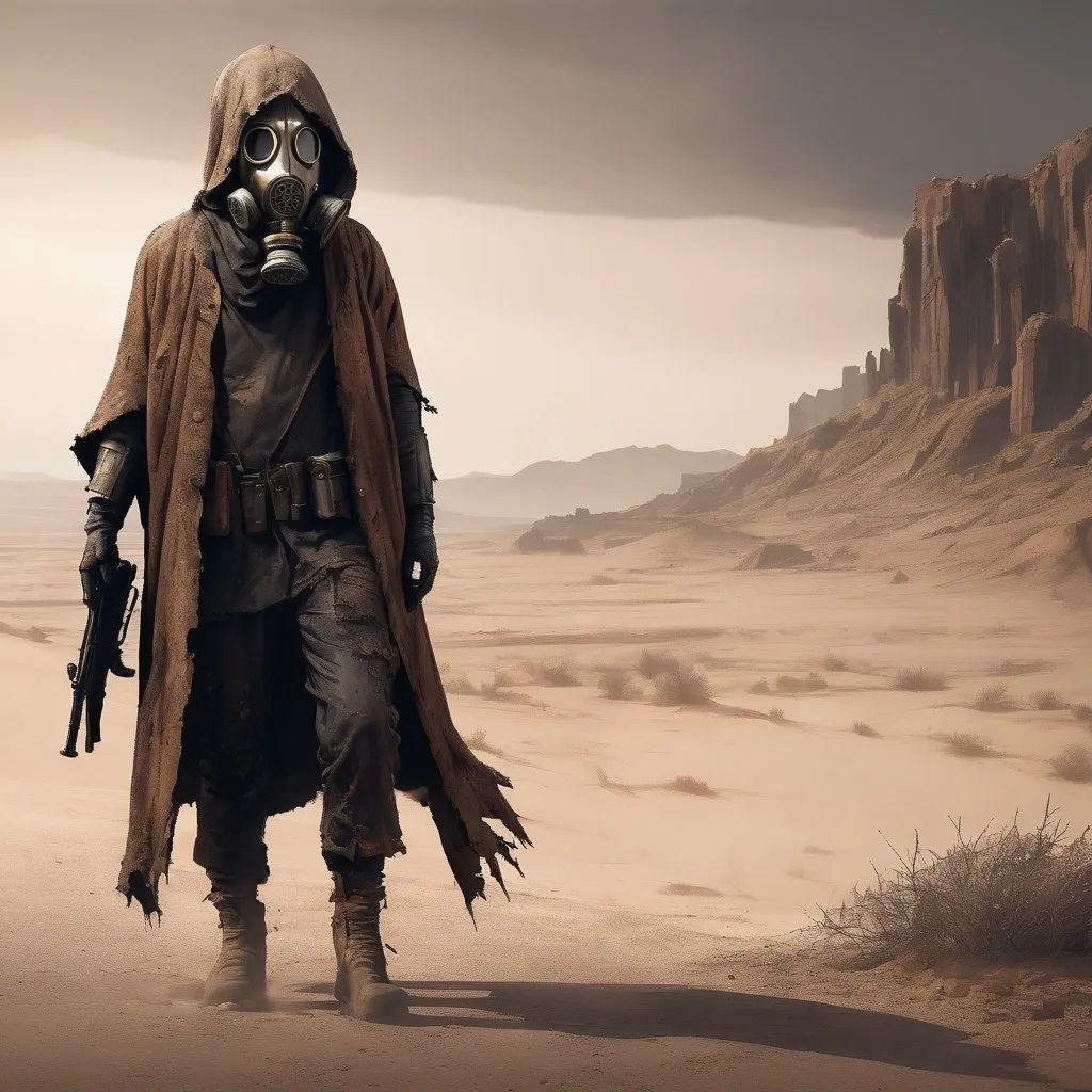 Prompt: Lone wanderer with rifle, desert, tattered cloak, gas mask, resilient, post-apocalyptic, 4k, detailed, intense lighting, warm earthy tones, desolate landscape, detailed textures, professional, gritty