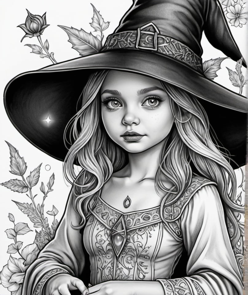 Prompt: beautiful baby witch, photo realistic, high detailed, clean line art, coloring page for adults, florals, mandala, black and white, realistic sketch, free lines, character sheet, sketchbook, coloring book, no background, 8k, detailed eyes, detailed dress, witch hat, mystical aura, magical elements, intricate patterns, delicate details, professional, clean and crisp lines