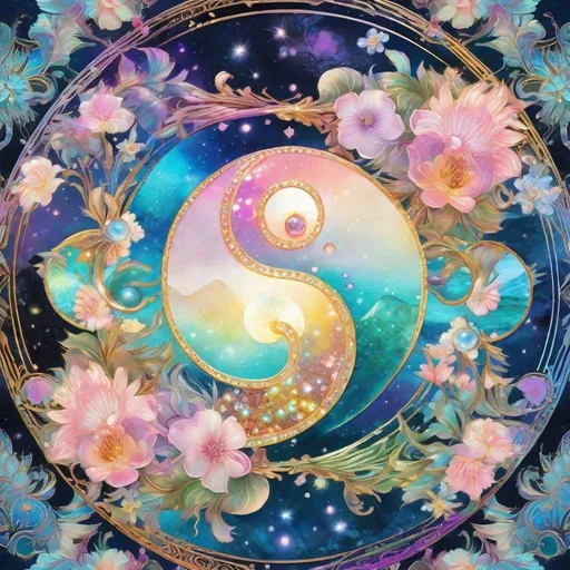 Prompt: insanely detailed gorgeous sparkling pastel yin yang with one side as pastel blooming nature and other side with pastel ocean, surrounded by glowing illuminated sparkles, Stylized watercolor, iridescent, Fantastical, Intricate, Fantasycore, Scenic, Hyperdetailed, Royo, Bagshaw, Chevrier, Ferri, Kaluta, Minguez, glowing edges, beautiful pastel colors, Mucha, Cina. Cinematic, WLOP