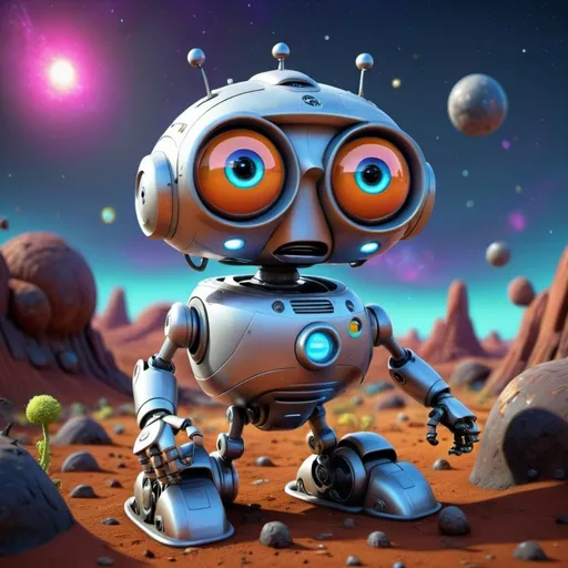 Prompt: Pixar-style 3D rendering of a quirky robot explorer, vibrant futuristic technology, playful expressions, desolate planet, space debris, whimsical environment, brightly lit, high quality, Pixar, 3D rendering, vibrant, futuristic, quirky, robot, explorer, playful expressions, desolate planet, space debris, whimsical, brightly lit