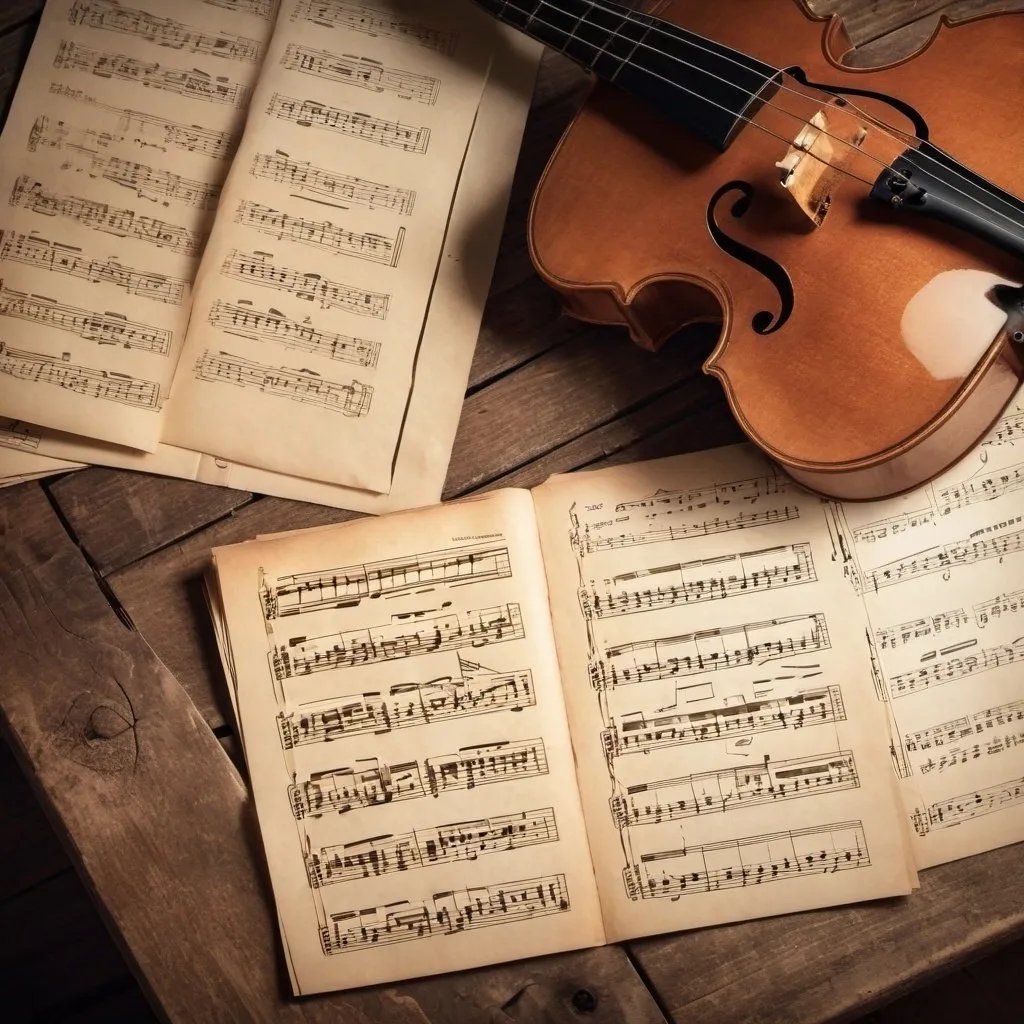 Prompt: Scattered sheet music on a wooden table, creative chaos, overhead view, soft lighting, still life photography, 16:9 aspect ratio, muted tones, detailed composition, warm and cozy atmosphere, high quality, still life, vintage, cozy, wood texture, musical notes, creative composition, soft shadows, rustic feel