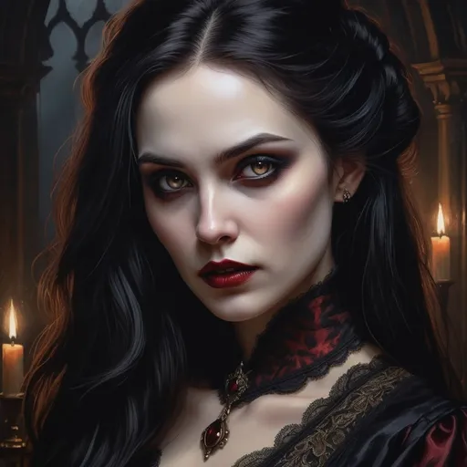 Prompt: Highly detailed gothic painting of a beautiful female vampire, trending on ArtStation, dark and atmospheric, detailed facial features, traditional painting, ethereal presence, flowing black hair, intense and alluring gaze, elegant Victorian attire, dark and moody color palette, dramatic lighting, high quality, artstation trending, traditional painting, detailed eyes, ethereal, intense gaze, elegant attire, dark palette, dramatic lighting