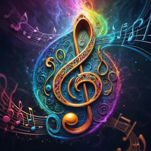 Prompt: High definition illustration of a mesmerizing treble clef, intricate musical notes swirling around, vibrant and colorful musical atmosphere, fantasy art, surreal style, vivid and dynamic composition, rich textures, ethereal lighting, detailed and lifelike, 4k, ultra-detailed, fantasy art, surreal, vibrant colors, dynamic composition, detailed textures, ethereal lighting