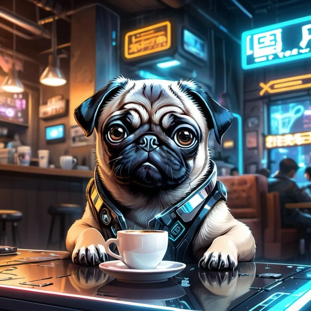 Prompt: Anime cyberpunk illustration of a pug puppy, detailed fur with cool reflections, adorable and expressive eyes, cozy coffee shop setting, futuristic signs in the background, high-tech accessories, best quality, HD, ultra-detailed, anime, cyberpunk, detailed eyes, cozy atmosphere, futuristic lighting