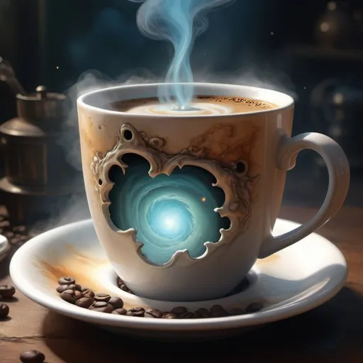 Prompt: A coffee cup full and from its steam galaxies are forming, detailed scene, digital painting, hyperrealistic, fantasy, Surrealist, by Ciro Marchetti and Brian Froud, artstation, highly detailed, sharp focus, wide angle shot, sci-fi, stunningly beautiful, utopian, soft bright colours, cinematic lighting, dark