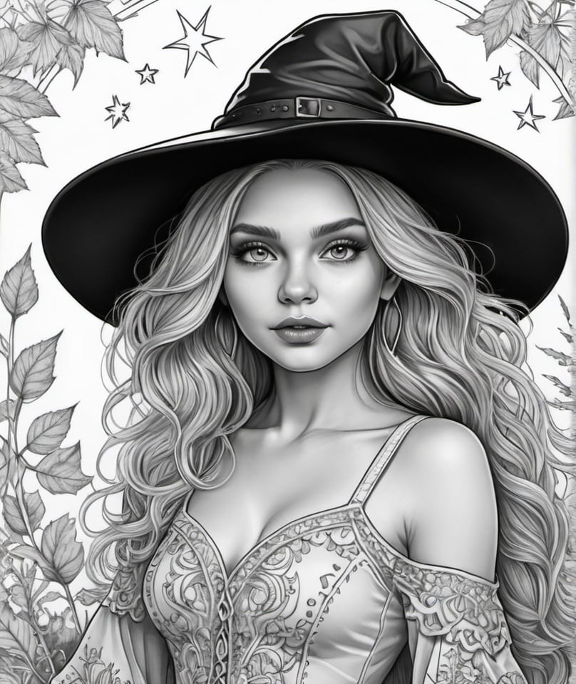 Prompt: beautiful baby witch, photo realistic, high detailed, clean line art, coloring page for adults, florals, mandala, black and white, realistic sketch, free lines, character sheet, sketchbook, coloring book, no background, 8k, detailed eyes, detailed dress, witch hat, mystical aura, magical elements, intricate patterns, delicate details, professional, clean and crisp lines