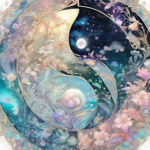 Prompt: insanely detailed gorgeous sparkling pastel yin yang with one side as pastel blooming nature and other side with pastel ocean, surrounded by glowing illuminated sparkles, Stylized watercolor, iridescent, Fantastical, Intricate, Fantasycore, Scenic, Hyperdetailed, Royo, Bagshaw, Chevrier, Ferri, Kaluta, Minguez, glowing edges, beautiful pastel colors, Mucha, Cina. Cinematic, WLOP