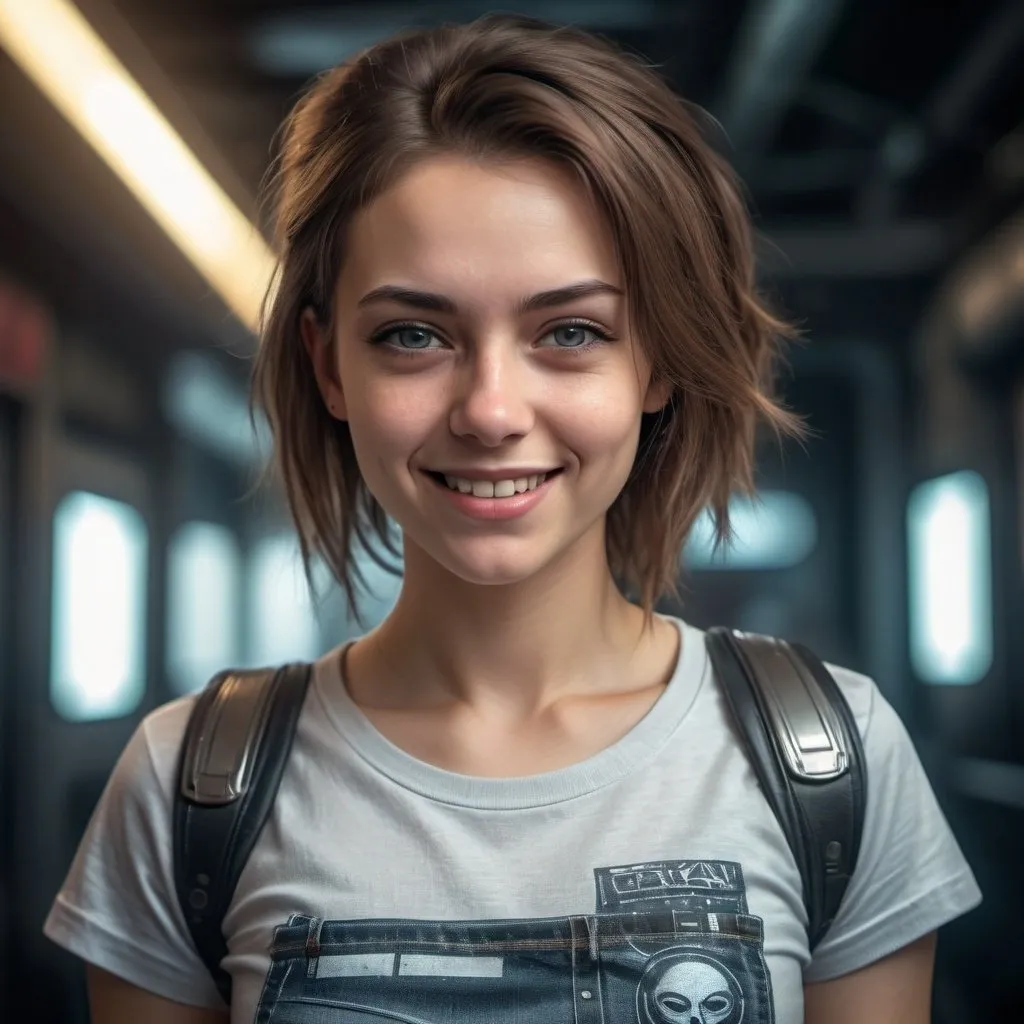 Prompt: Young space woman in t-shirt and jeans, smirking facial expression with one side of her smile upturned, raw photo, photorealistic, high detail, dramatic, UHD, HDR raw photo, realistic, sharp focus, 8K high definition, insanely detailed, intricate, high quality, cyberpunk, dramatic lighting, futuristic setting, urban environment, cool tones