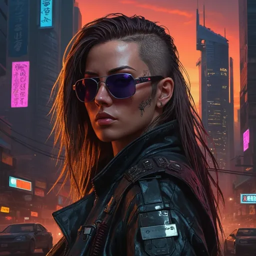 Prompt: molly millions, portrait of a badass cyberpunk mercenary, sunglasses, shoulder long hair, claws, cyberpunk, street samurai, sunset, neuromancer, cyberpunk city background, megacity, gorgeous view, depth, high detail, digital art, promotional art, movie poster, chiaroscuro painted by greg rutkowski, painted by igor kieryluk, trending on artstation