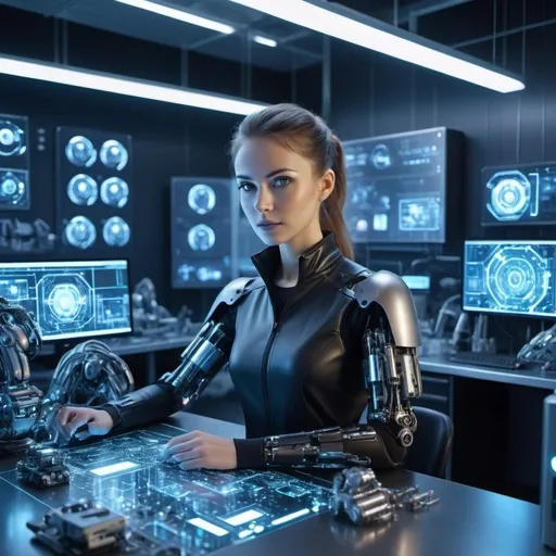 Prompt: Cybernetic engineer in a futuristic lab, surrounded by advanced robotics, holographic displays, neon lighting reflecting on metallic surfaces, detailed workbench with high-tech tools, focused gaze, realistic textures of circuitry and steel, dynamic composition, high-resolution, sci-fi innovation theme, 4k --ar 1:2 --s 110