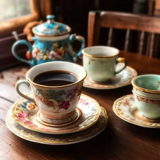Prompt: beautifully colored coffee cup containing steaming hot coffee medium light. Cup is sitting on an old country kitchen table in a brightly lit country kitcchen with morning light shining in. Photorealistic, country kitchen, beautifully ornate colored coffee cup. beautifully deccorated whole cake sitting in background.






