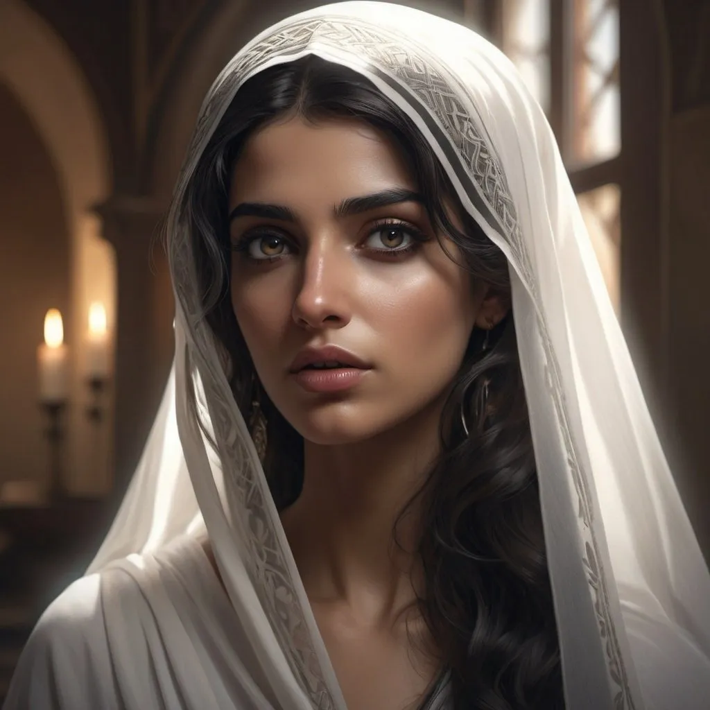 Prompt: a Photorealistic dramatic render of greek arab ameera al taweel, white eyes, wavy black hair, white veil, by WLOP, Artgerm, Greg Rutkowski, Alphonse Mucha, Beautiful dynamic dramatic dark moody lighting,shadows,cinematic atmosphere,Artstation,concept design art,Octane render,8K