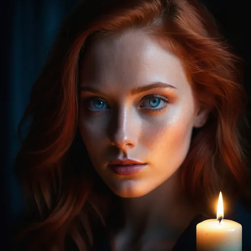 Prompt: photorealistic, SFW headshot of a (beautiful woman), (red hair), illuminated by a single candlelight, haunting and beautiful blue colored eyes, beautiful yet subtly flawed complexion, dark ambiance, shadows playing on her face, soft glow of candle illuminating her face, intense mood, serene yet mysterious atmosphere, highly detailed, ultra-realistic, HD quality,  photo capturing subtle expressions and emotions.
