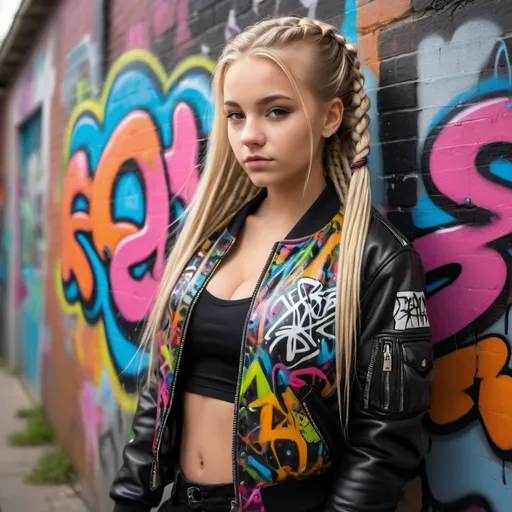 Prompt: Graffiti art 15-year old girl with long blond microbraided hair, revealing cleavage, wearing a leather 2-piece outfit and graffiti art bomber jacket, high quality, urban graffiti style, vibrant colors, detailed facial features, colorful and bold, street art lighting