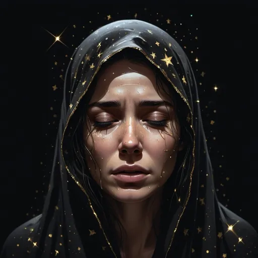 Prompt: Crying woman's head covered in a totally black cloth, indistinguishable face, black background with gold stars, dark and mysterious, space art, hologram, hidden facial features, high-res, realistic, space, dark tones, holographic, mysterious lighting, Eve Ryder, professional illustration