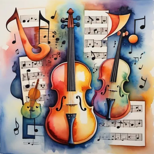 Prompt: Abstract watercolor painting of the musical universe broken up into different dimensions different pictures like a Picasso painting cubic so every differen dimension has different pictures like of instruments or sheet music with musical notes or different shapes and vivid colors but hidden messages in the painting. Abstract and textured 