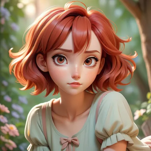 Prompt: Disney-style anime girl with short, beautiful red hair and brown eyes, pastel colors, dreamy atmosphere, detailed facial features, high quality, anime, Disney style, pastel tones, dreamy lighting, detailed eyes, soft and gentle design