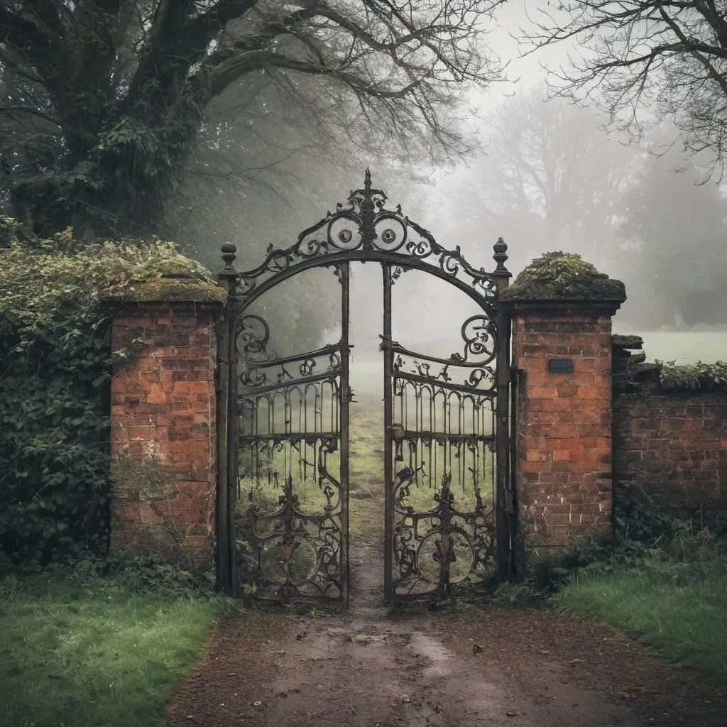 Prompt: Old rusted, broken gate at the entrance of an abandoned English manor. Foggy morning with heavy dew. Grey tones. Creepy.
