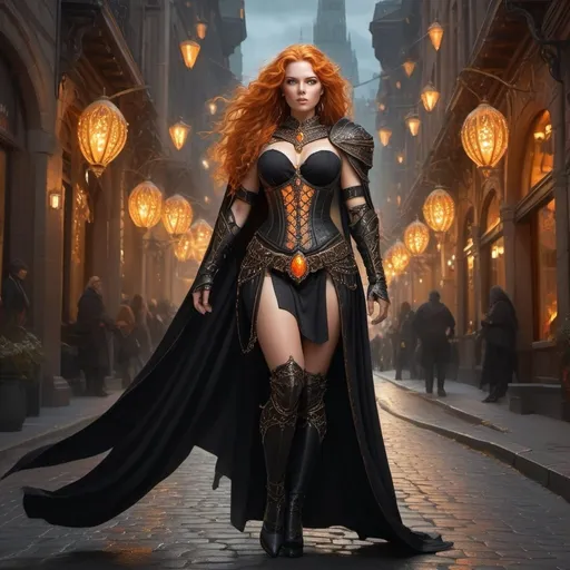 Prompt:  a mid range full body image of a woman in the bustling city center wearing black leather armor with intricate ornate metal details studded with orange gems and a golden circlet with a large gem on her head, long black billowing cape curvy, powerful, braided flowing ginger hair, Aramenta Dianthe Vail, fantasy art, epic fantasy, computer graphics, high heels, corset, long loincloth with intricate details, stockings, feminine face, magically glowing eyes, magical, tanned skin, night time