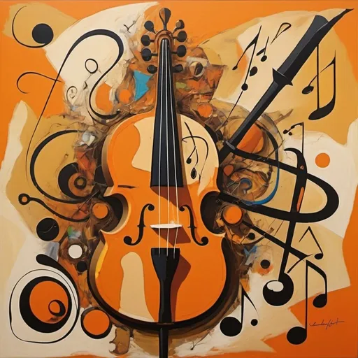Prompt: Music themed abstract cubism Michaelangelo style painting mixed with Salvador Dali style of painting mixed with Jackson Pollock style of painting of a magic wand lots of orange