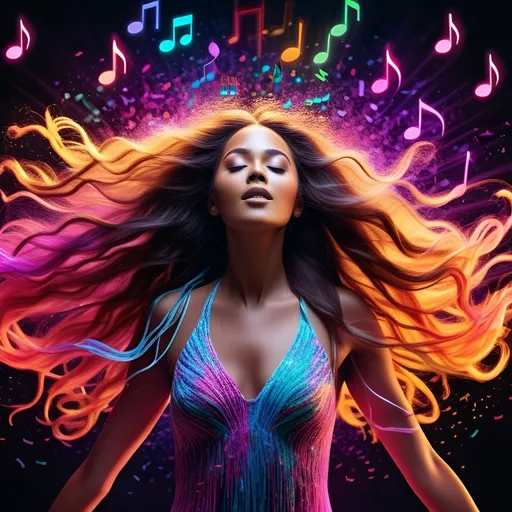 Prompt: 3D render of a woman with long flowing hair made of cascading musical notes, each note releasing a burst of vibrant color. Around her, ethereal particles of neon hues move, capturing the essence of a musical symphony in a visual spectacle.