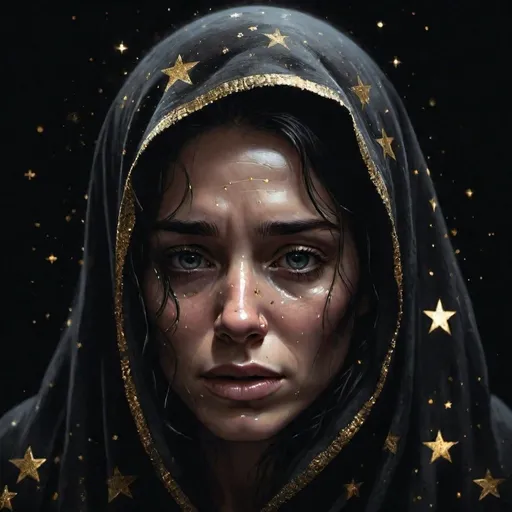 Prompt: Crying woman's head covered in a totally black cloth, indistinguishable face, black background with gold stars, dark and mysterious, space art, hologram, hidden facial features, high-res, realistic, space, dark tones, holographic, mysterious lighting, Eve Ryder, professional illustration