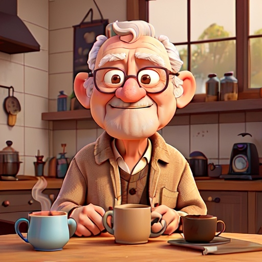 Prompt: Funny sleepy old man holding his first mug of morning coffee.  House robe, messy hair, coffee steaming. 