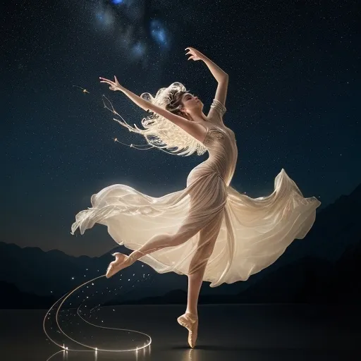 Prompt: Celestial Dancer: Capture the ethereal beauty of a dancer gracefully moving among the stars. Utilize long exposure techniques and creative lighting to emphasize the fluidity of the movements. Shot with a full-frame Canon EOS R6, using a 24-70mm lens at 50mm, f/2.8, and a remote trigger for precise timing.