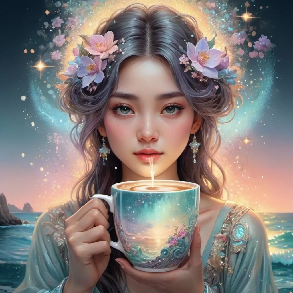 Prompt: insanely detailed gorgeous sparkling pastel coffee cup with one side as pastel blooming nature and other side with pastel ocean, surrounded by glowing illuminated sparkles, Stylized watercolor, iridescent, Fantastical, Intricate, Fantasycore, Scenic, Hyperdetailed, Royo, Bagshaw, Chevrier, Ferri, Kaluta, Minguez, glowing edges, beautiful pastel colors, Mucha, Cina. Cinematic, WLOP