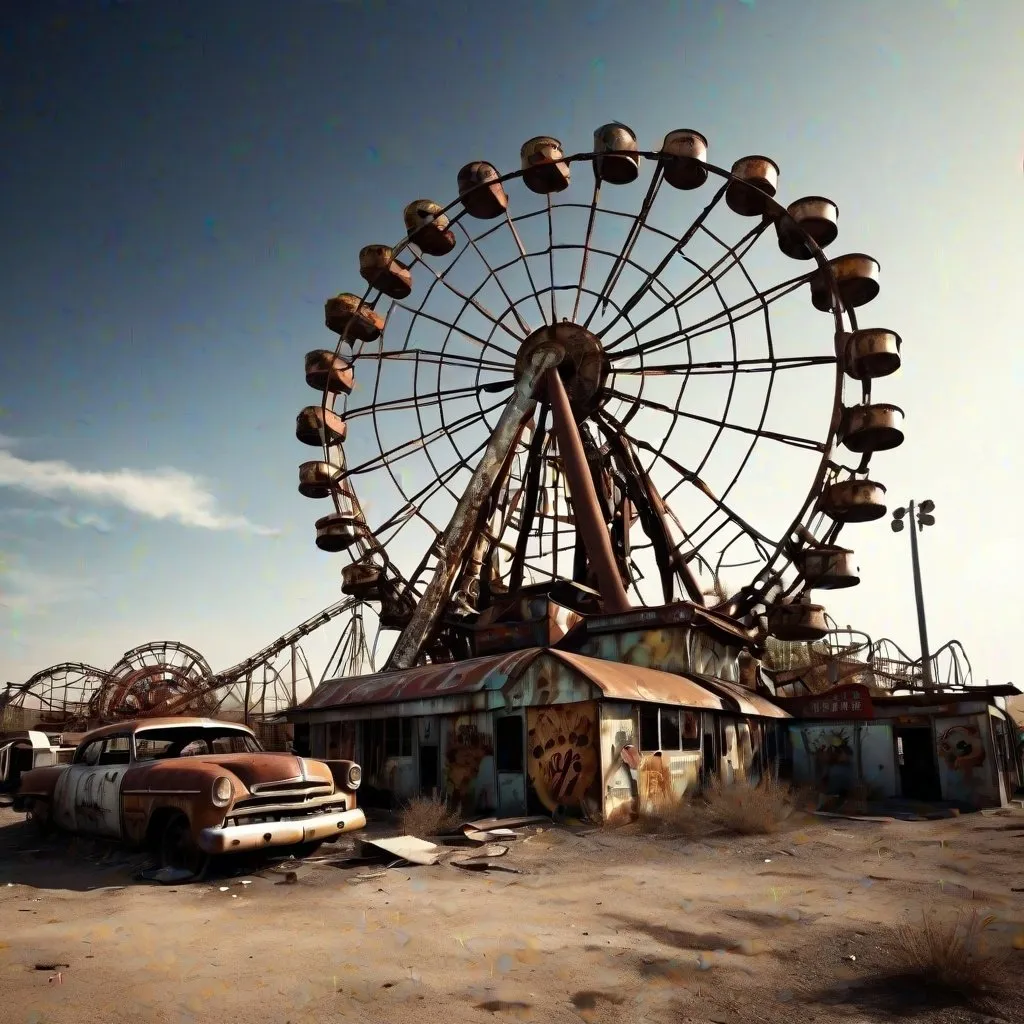 Prompt: rusted-out amusement park in a wasteland, crumbling rides, twisted metal, haunting reminder of a lost era, ar 3:2, high quality, detailed, haunting, post-apocalyptic, desolate, rusty tones, dramatic lighting